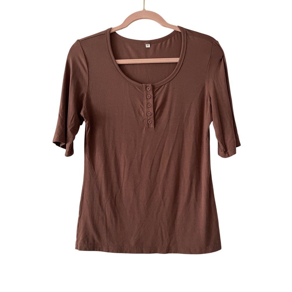 Women's Soft Rosewood Brown Henley Top Tee Medium